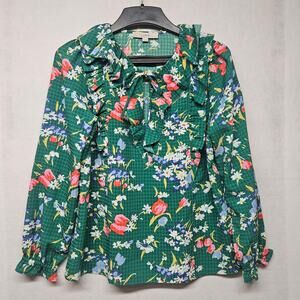 Ann Taylor Loft Green Floral Bouquet Ruffle Tie Neck Blouse
